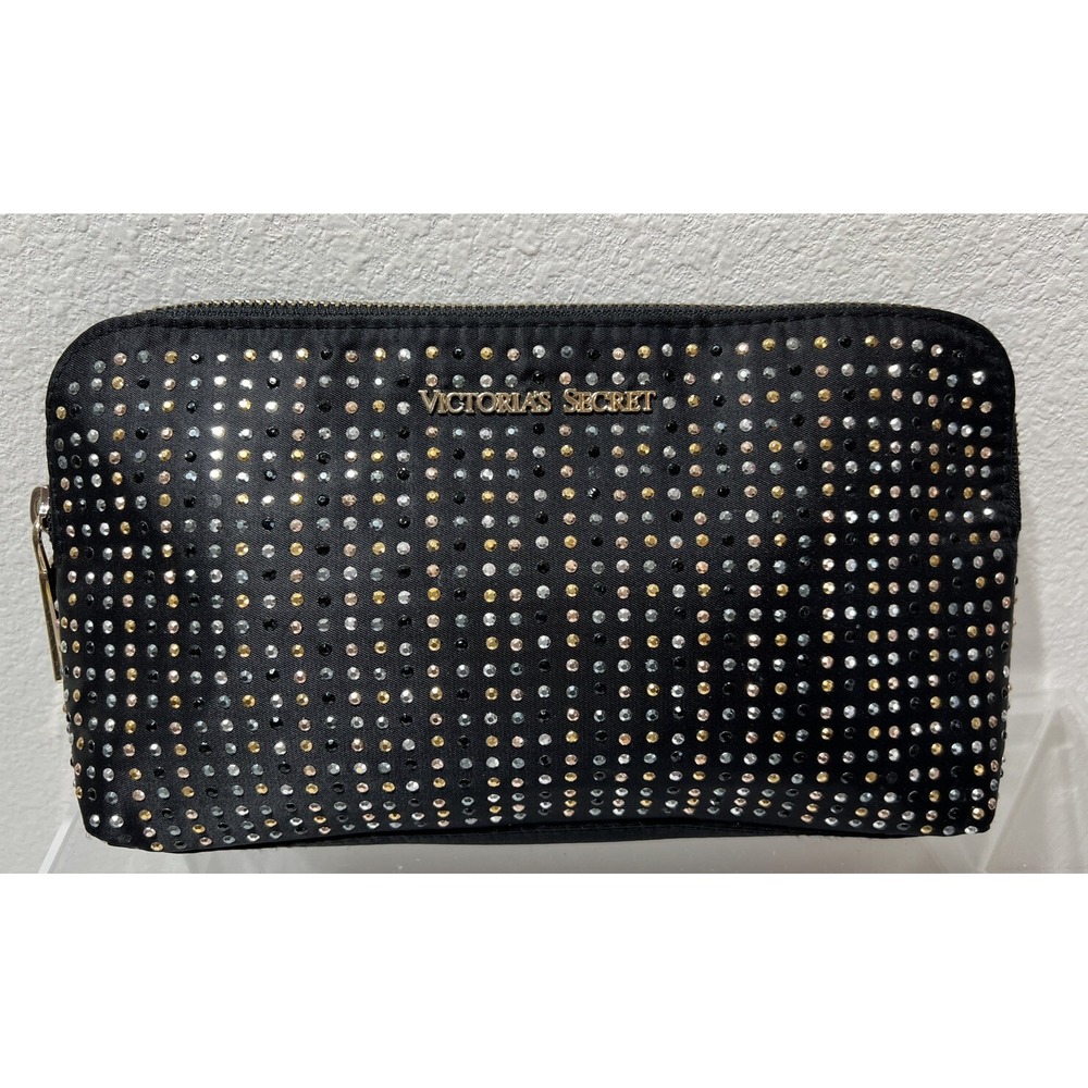 VICTORIA SECRET Makeup Bag Black With Silver & Gold Sequins  Studs LEOPARD Lined